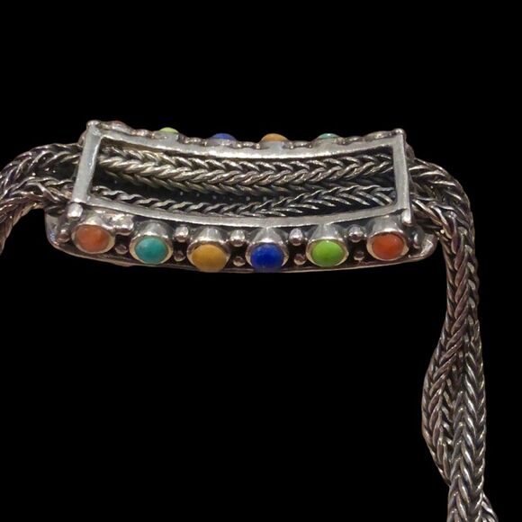 BARSE Sterling Silver Turquoise Coral Lapis Cabochon Thai Weave Toggle Bracelet - Picture 3 of 15